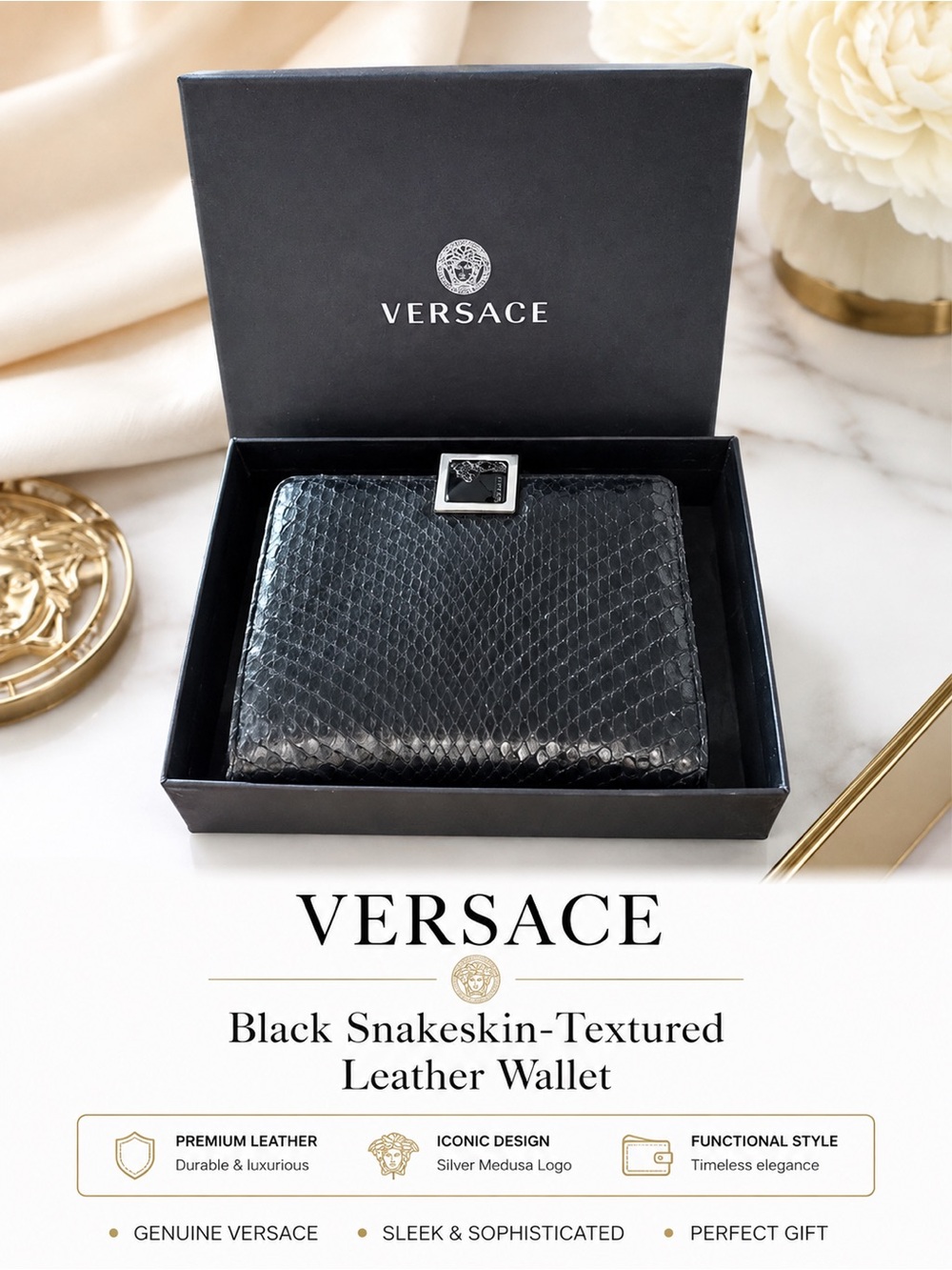 Versace Black Snakeskin-Textured Leather Wallet with Silver Logo
